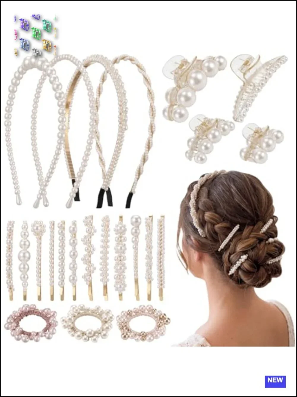 23-Piece Pearl Hair Accessory Set with Headbands, Clips, and Gold Metal Clips